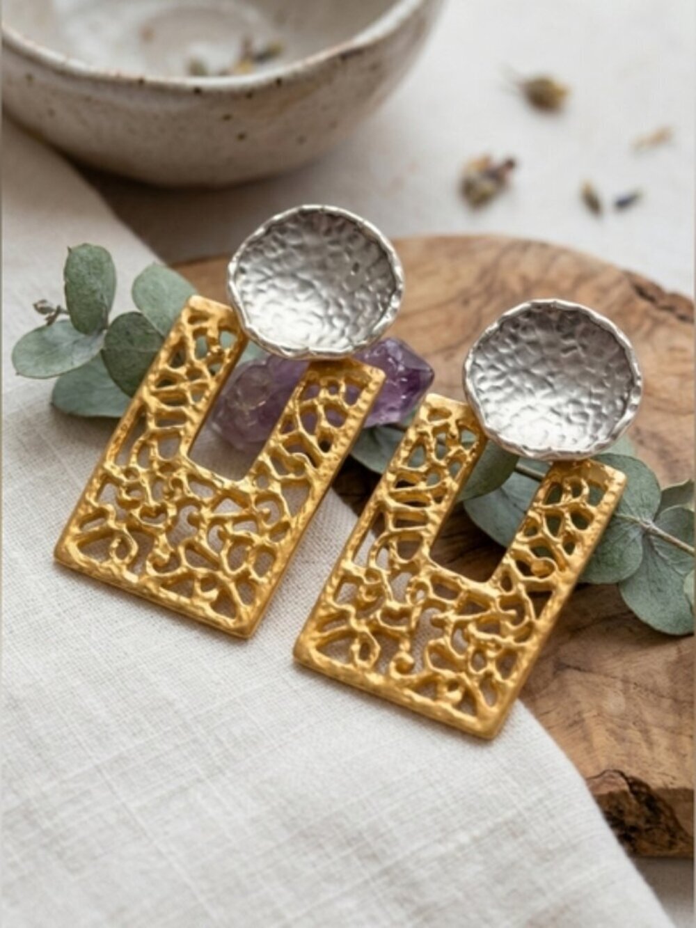 Two Tone Istanbul Hammered Cutout Geometric Drop Earrings Mediterranean